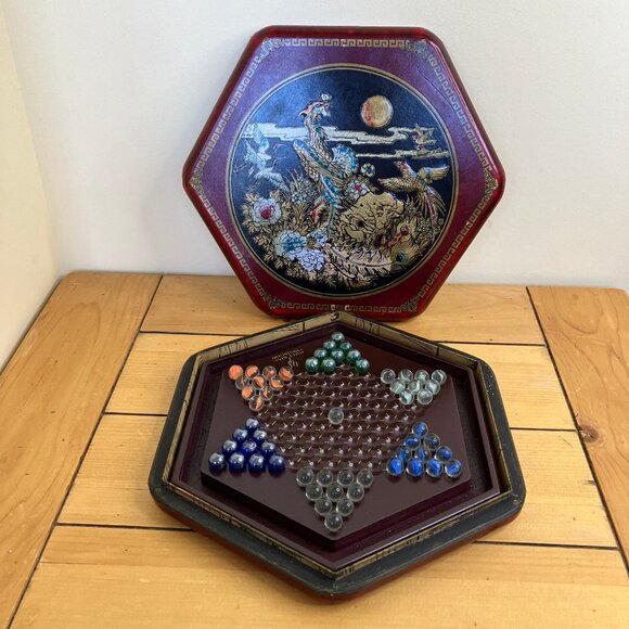 Chinese Checkers Phoenix Lidded Box Glass Marbles Holy King Chess *Incomplete - Picture 1 of 9